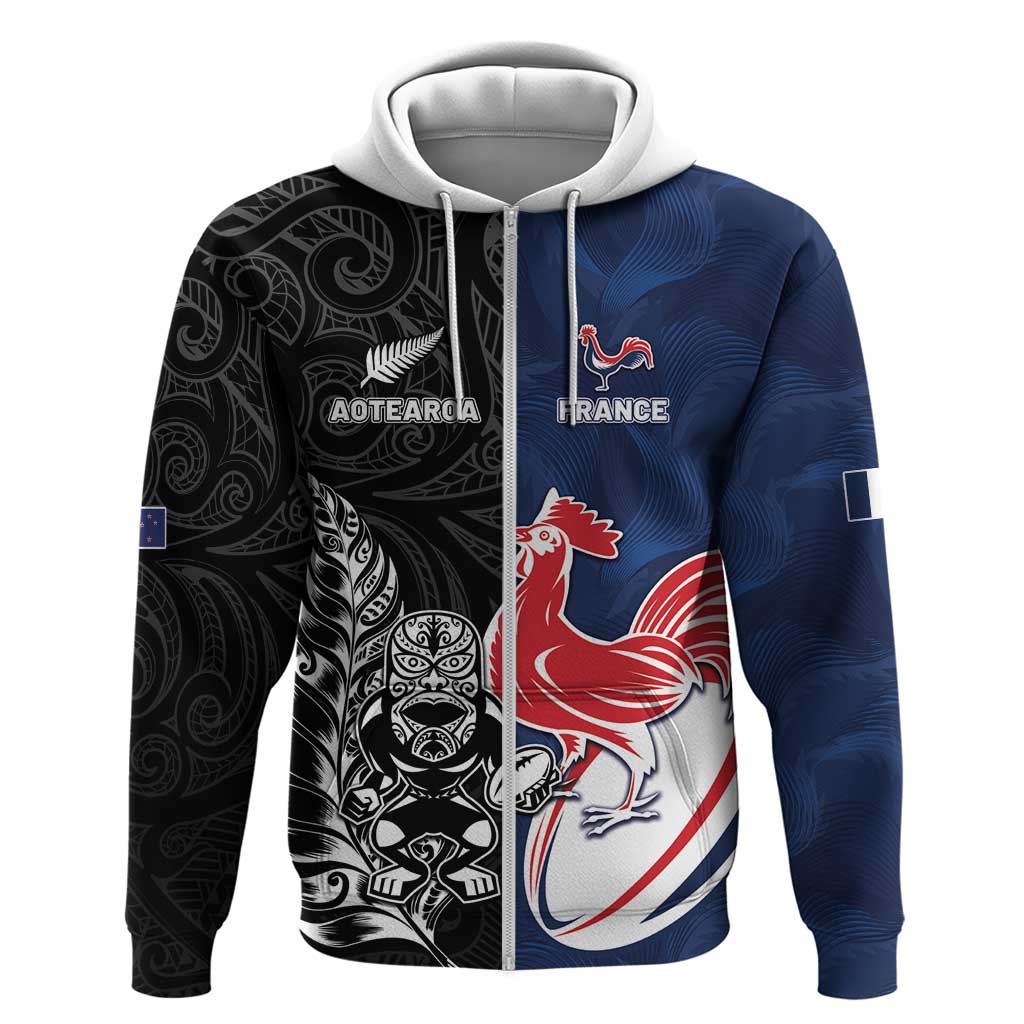 France And New Zealand Rugby Custom Hoodie Les Bleus Rooster With Maori Tiki - Polynesian Pride