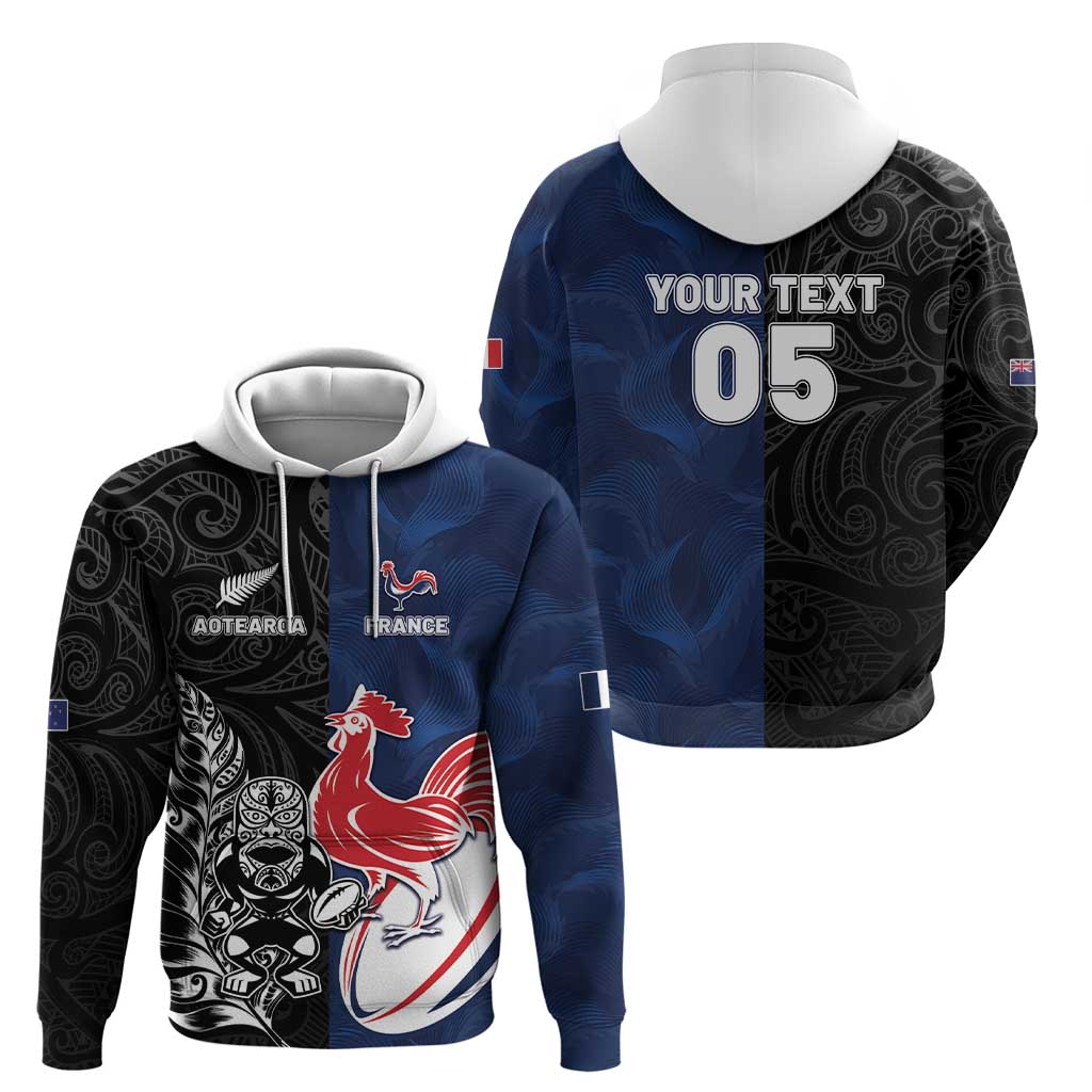 France And New Zealand Rugby Custom Hoodie Les Bleus Rooster With Maori Tiki - Polynesian Pride