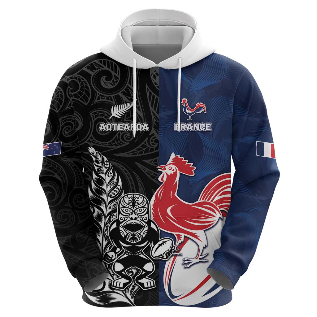 France And New Zealand Rugby Custom Hoodie Les Bleus Rooster With Maori Tiki - Polynesian Pride