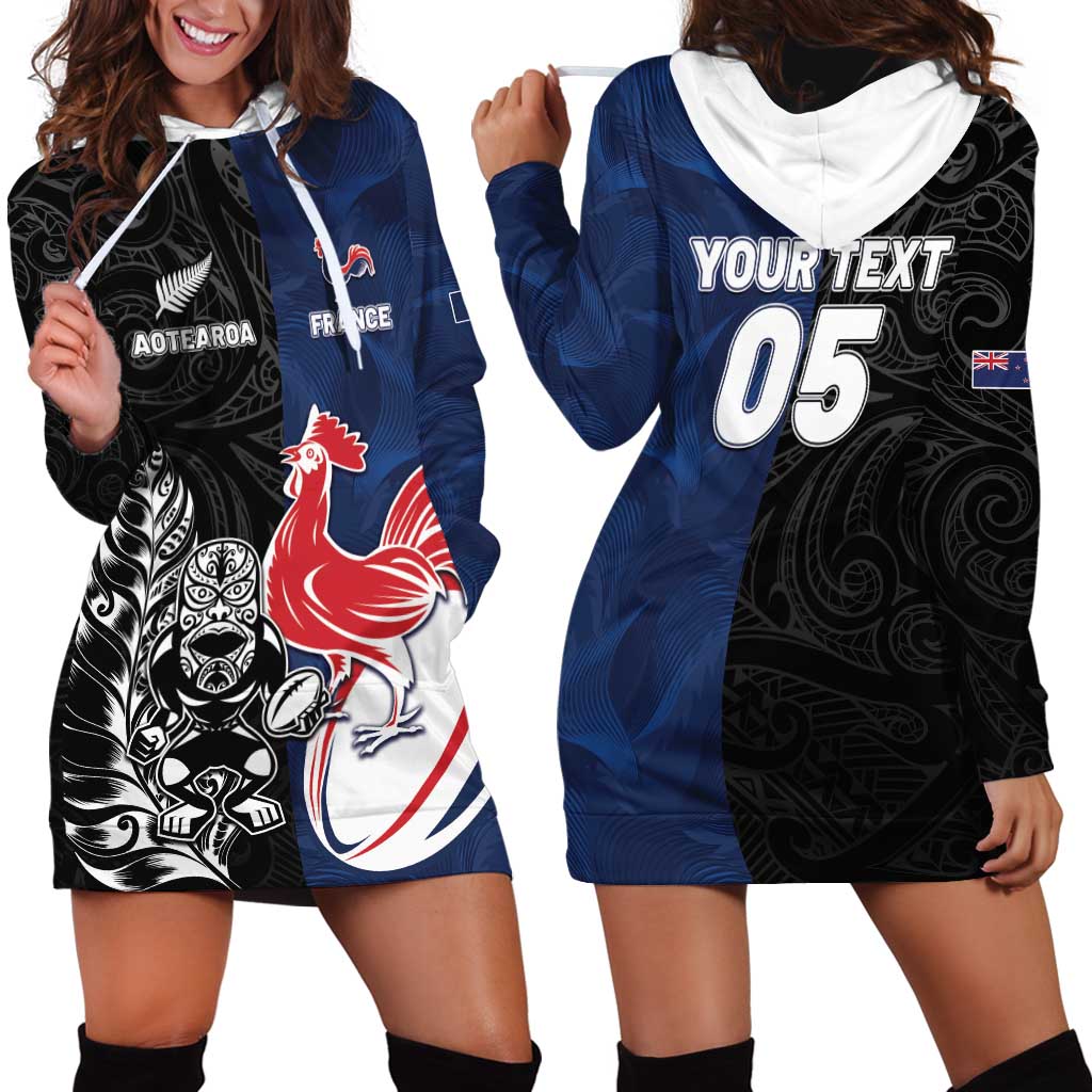 France And New Zealand Rugby Custom Hoodie Dress Les Bleus Rooster With Maori Tiki - Polynesian Pride