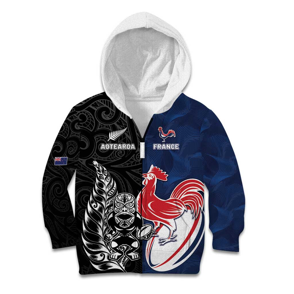 France And New Zealand Rugby Custom Kid Hoodie Les Bleus Rooster With Maori Tiki - Polynesian Pride