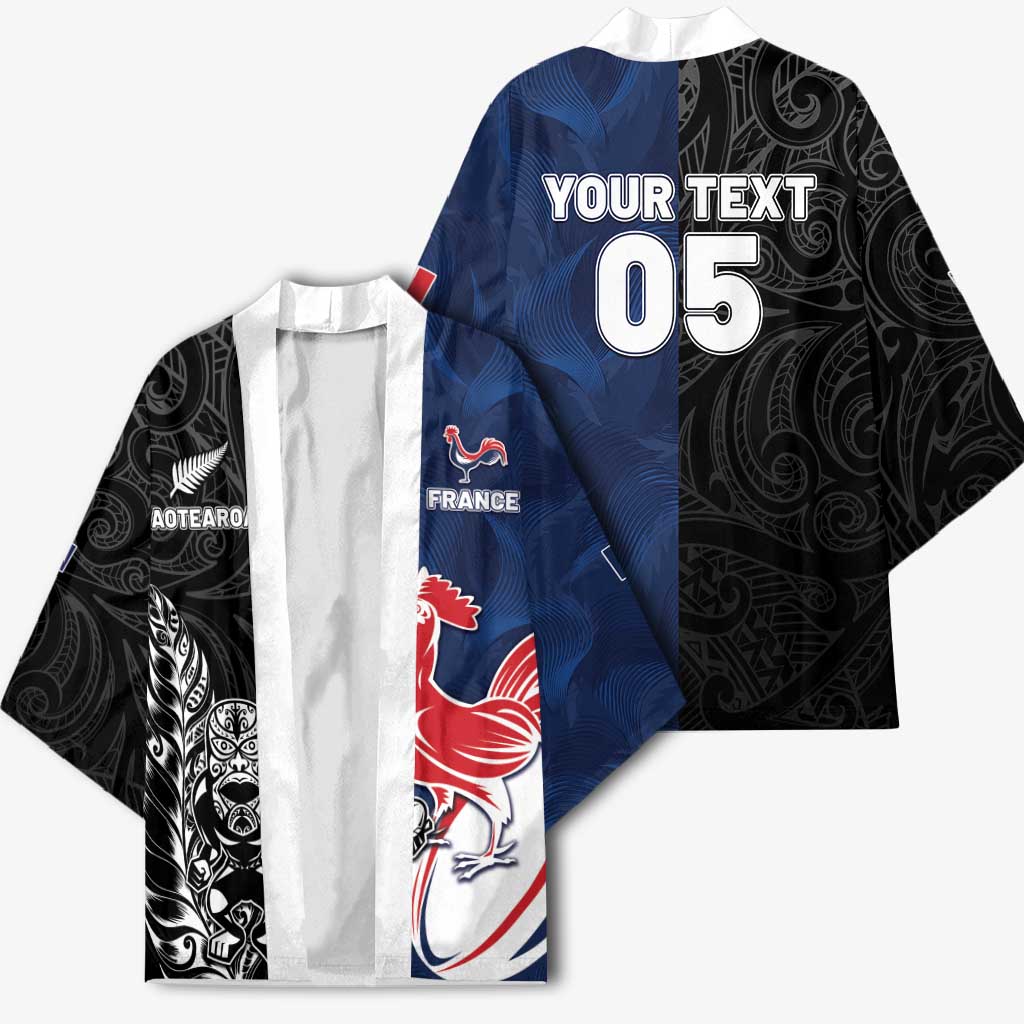 France And New Zealand Rugby Custom Kimono Les Bleus Rooster With Maori Tiki - Polynesian Pride