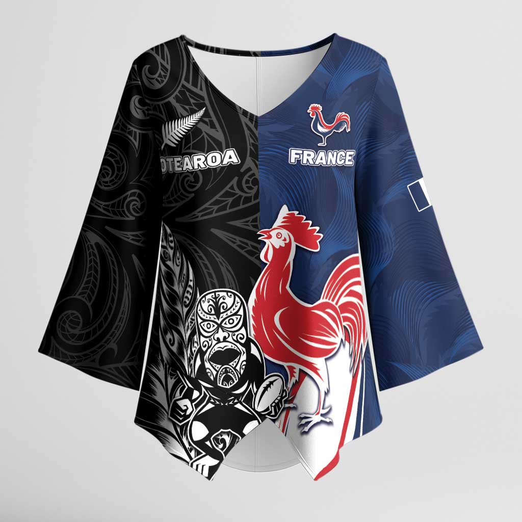 France And New Zealand Rugby Custom Kimono Sleeve Blouse Les Bleus Rooster With Maori Tiki - Polynesian Pride