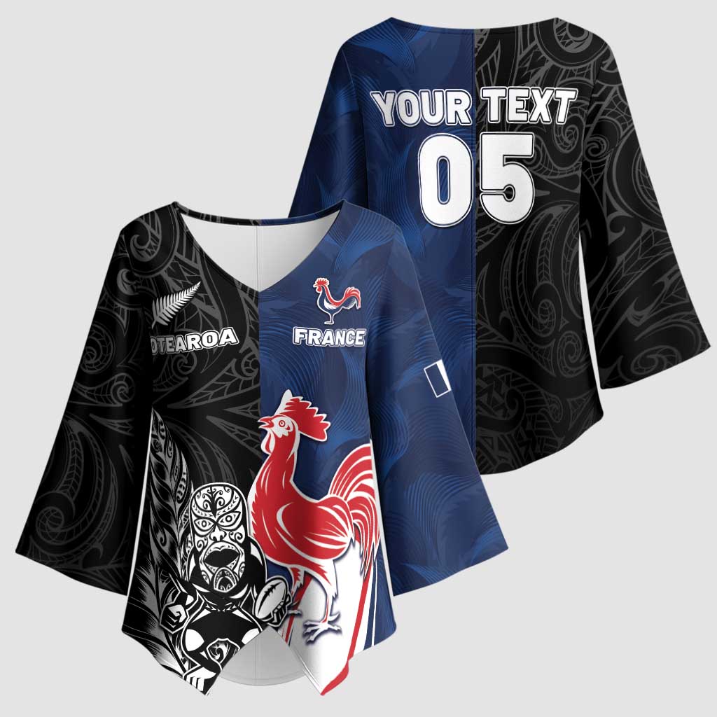 France And New Zealand Rugby Custom Kimono Sleeve Blouse Les Bleus Rooster With Maori Tiki - Polynesian Pride