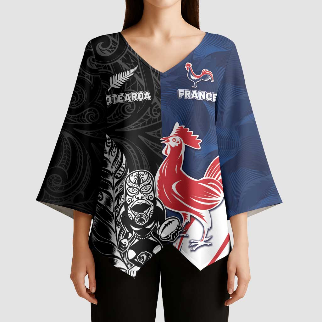 France And New Zealand Rugby Custom Kimono Sleeve Blouse Les Bleus Rooster With Maori Tiki - Polynesian Pride