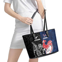 France And New Zealand Rugby Leather Tote Bag Les Bleus Rooster With Maori Tiki - Polynesian Pride