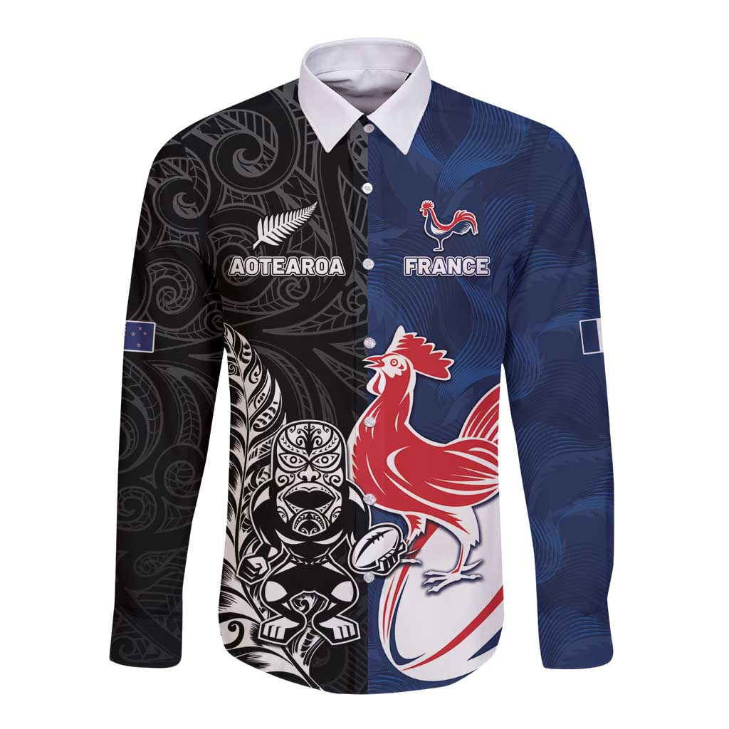 France And New Zealand Rugby Custom Long Sleeve Button Shirt Les Bleus Rooster With Maori Tiki - Polynesian Pride