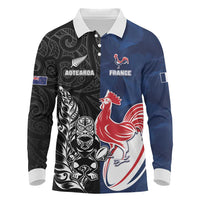 France And New Zealand Rugby Custom Long Sleeve Polo Shirt Les Bleus Rooster With Maori Tiki - Polynesian Pride