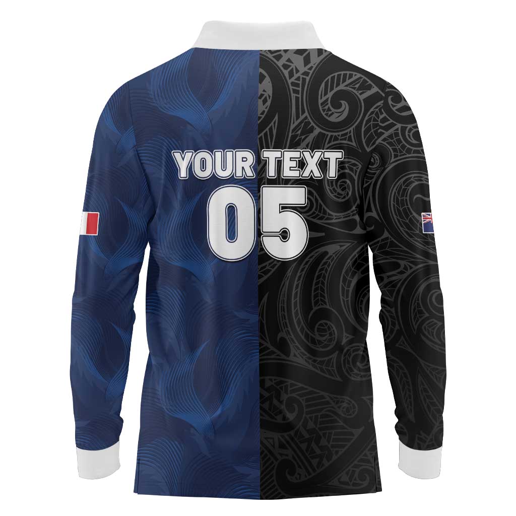 France And New Zealand Rugby Custom Long Sleeve Polo Shirt Les Bleus Rooster With Maori Tiki - Polynesian Pride