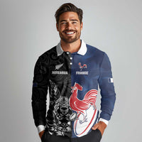 France And New Zealand Rugby Custom Long Sleeve Polo Shirt Les Bleus Rooster With Maori Tiki - Polynesian Pride