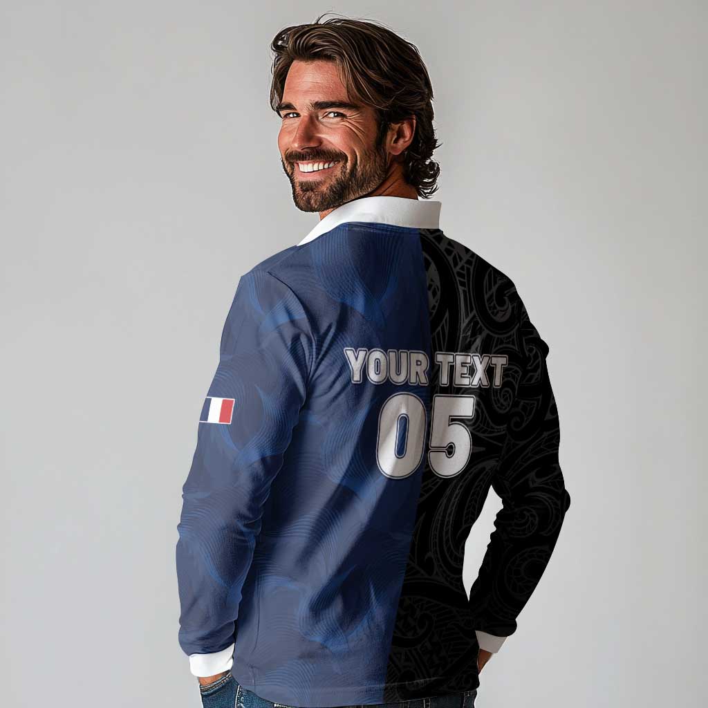 France And New Zealand Rugby Custom Long Sleeve Polo Shirt Les Bleus Rooster With Maori Tiki - Polynesian Pride