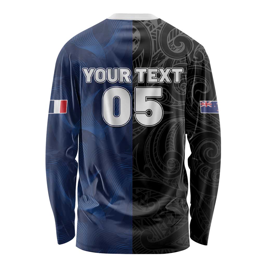 France And New Zealand Rugby Custom Long Sleeve Shirt Les Bleus Rooster With Maori Tiki - Polynesian Pride