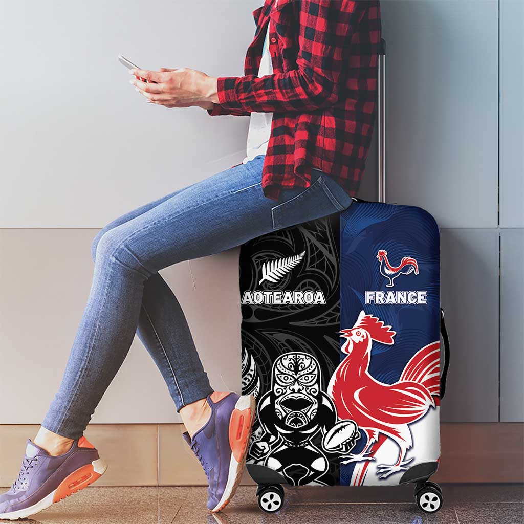 France And New Zealand Rugby Luggage Cover Les Bleus Rooster With Maori Tiki - Polynesian Pride