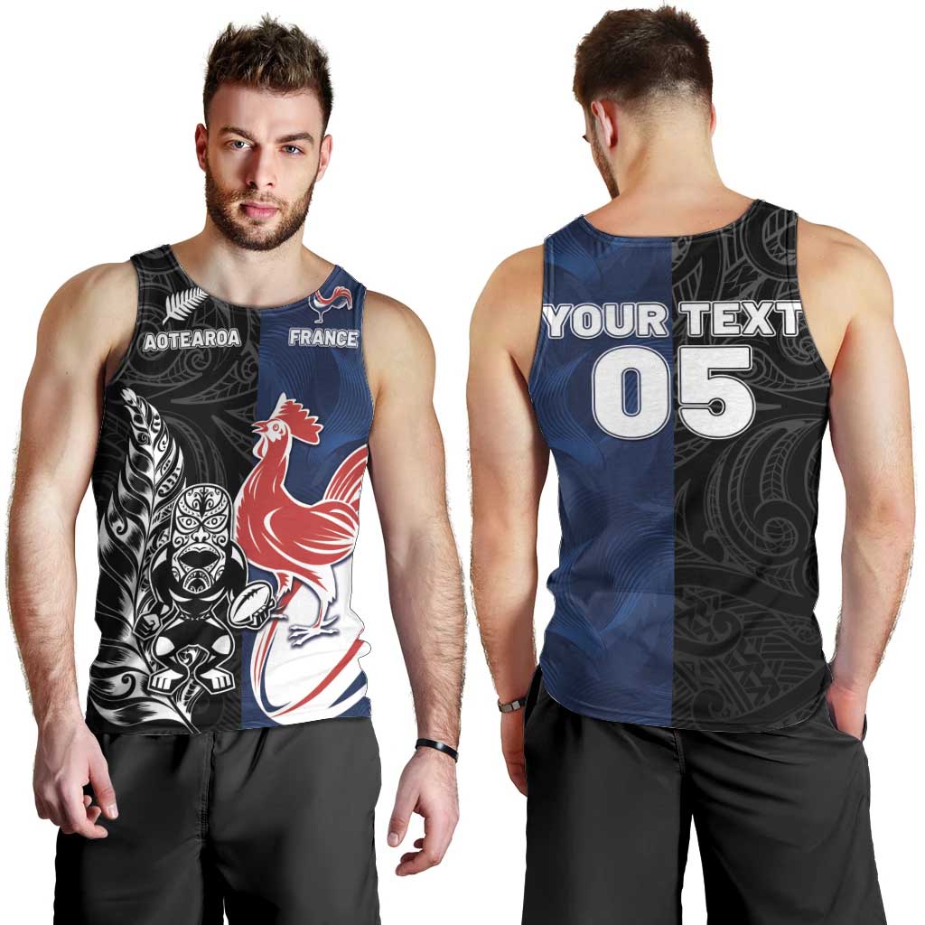France And New Zealand Rugby Custom Men Tank Top Les Bleus Rooster With Maori Tiki - Polynesian Pride