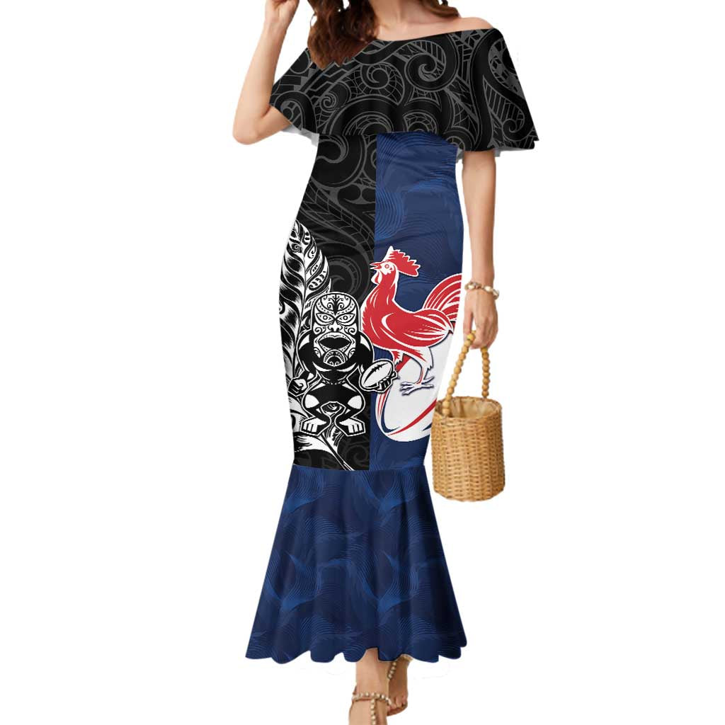 France And New Zealand Rugby Custom Mermaid Dress Les Bleus Rooster With Maori Tiki - Polynesian Pride