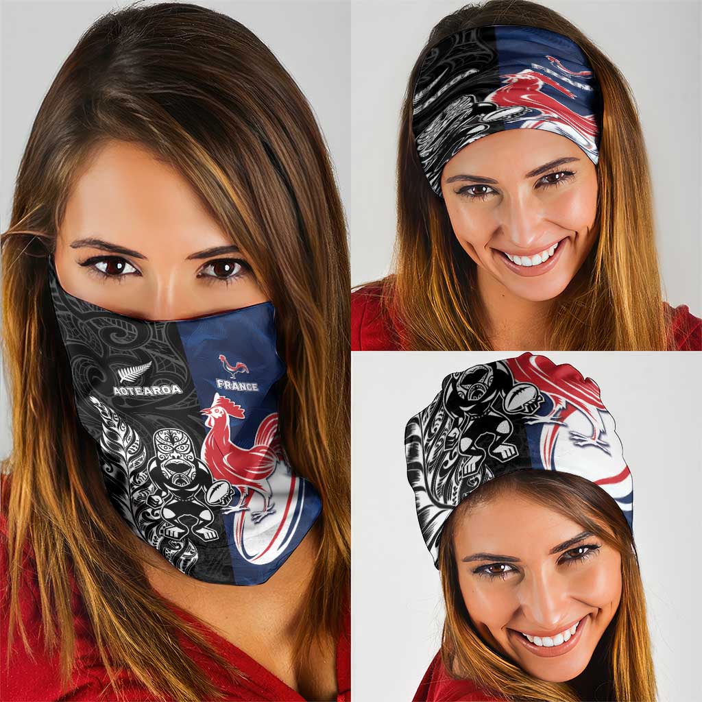 France And New Zealand Rugby Neck Gaiter Les Bleus Rooster With Maori Tiki - Polynesian Pride