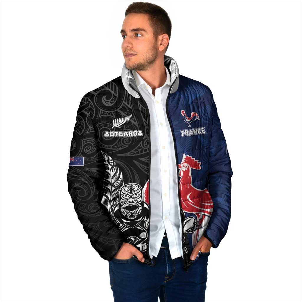 France And New Zealand Rugby Custom Padded Jacket Les Bleus Rooster With Maori Tiki - Polynesian Pride