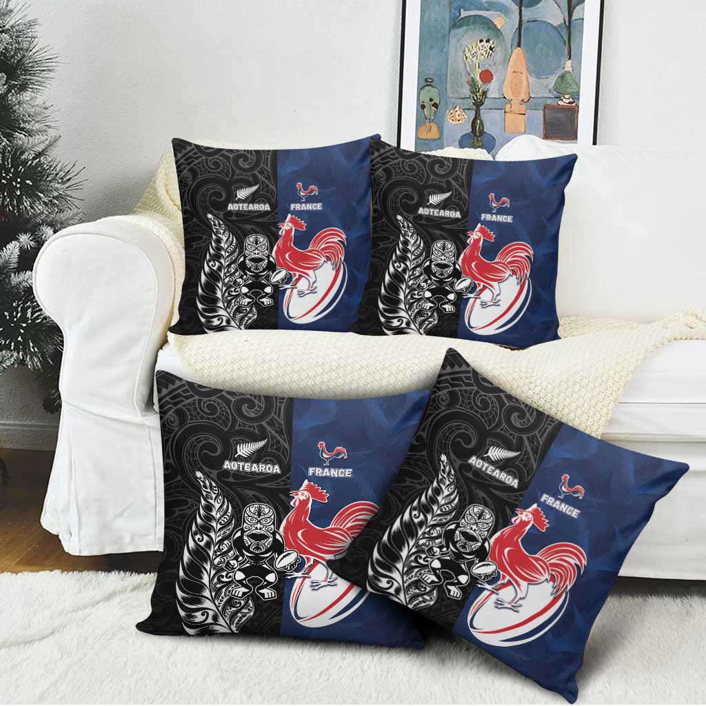 France And New Zealand Rugby Pillow Cover Les Bleus Rooster With Maori Tiki - Polynesian Pride