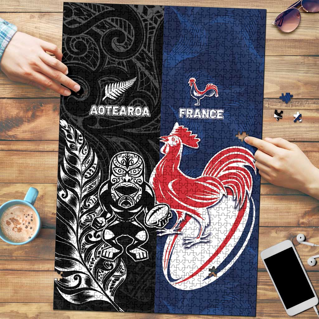 France And New Zealand Rugby Puzzle Les Bleus Rooster With Maori Tiki - Polynesian Pride
