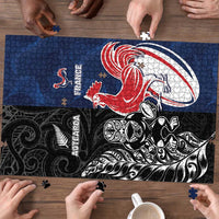 France And New Zealand Rugby Puzzle Les Bleus Rooster With Maori Tiki - Polynesian Pride