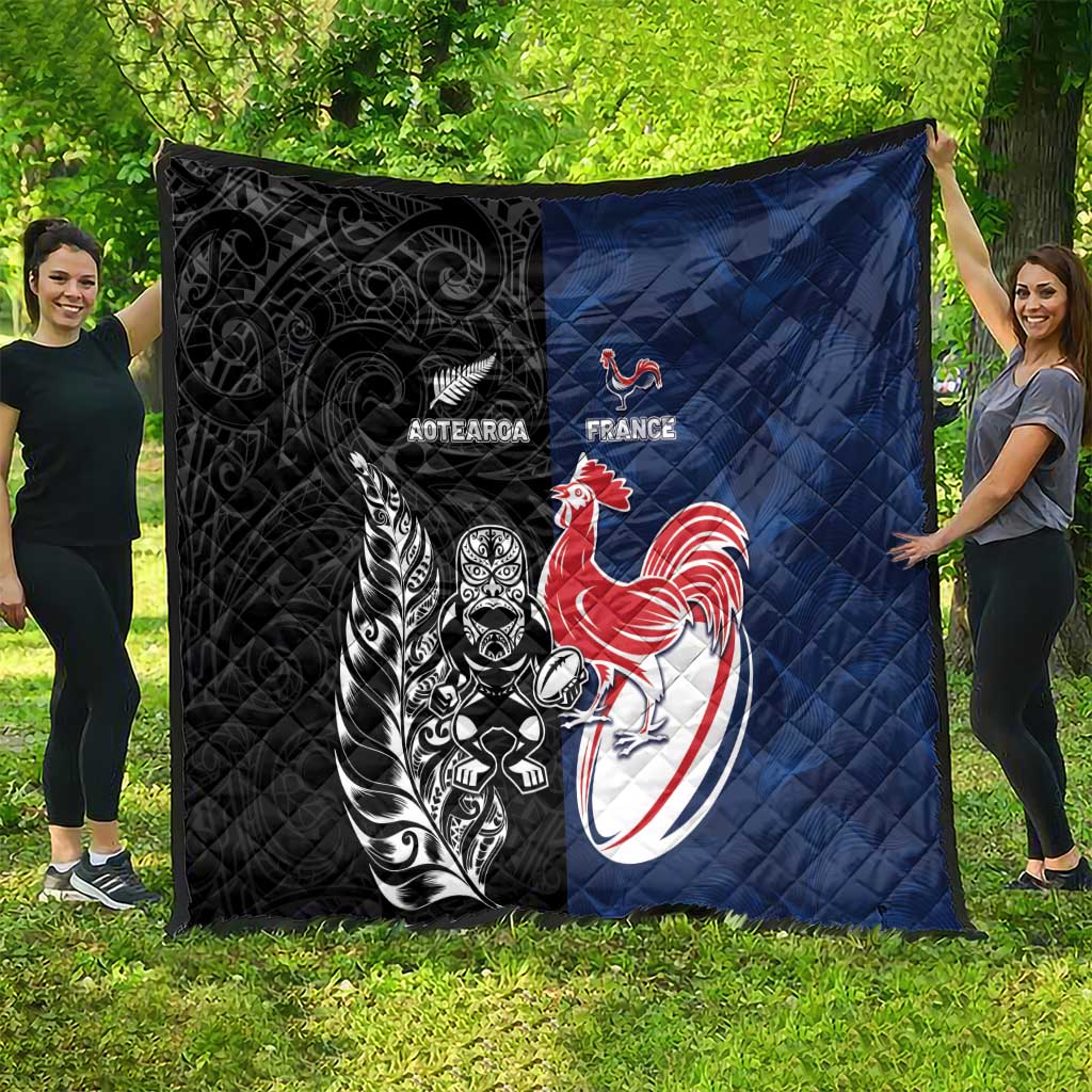 France And New Zealand Rugby Quilt Les Bleus Rooster With Maori Tiki - Polynesian Pride