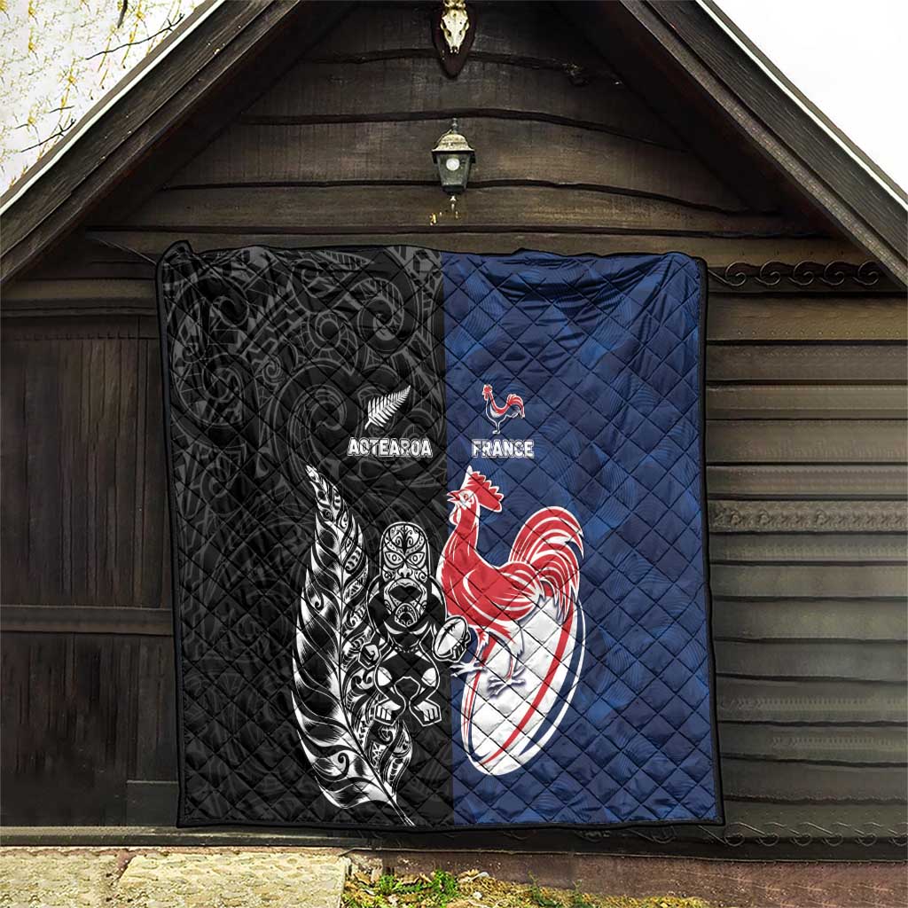 France And New Zealand Rugby Quilt Les Bleus Rooster With Maori Tiki - Polynesian Pride