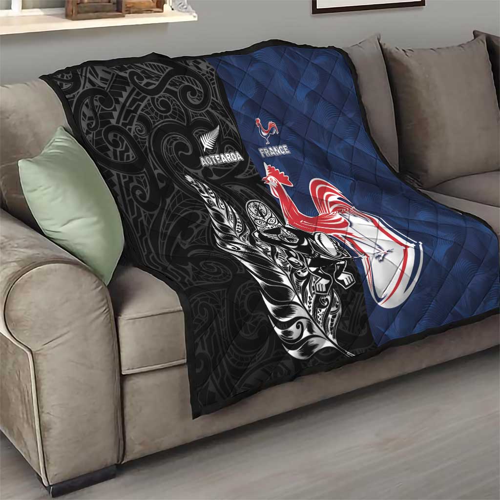 France And New Zealand Rugby Quilt Les Bleus Rooster With Maori Tiki - Polynesian Pride
