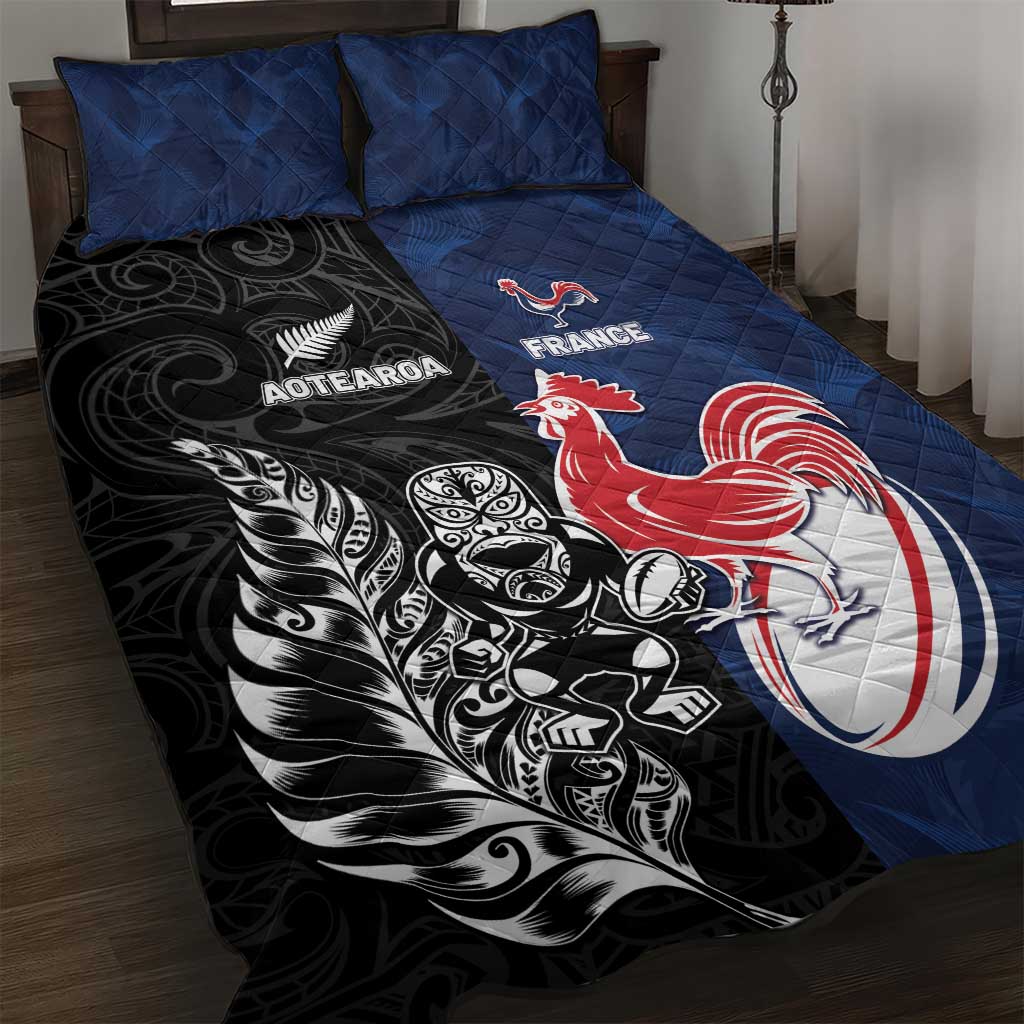 France And New Zealand Rugby Quilt Bed Set Les Bleus Rooster With Maori Tiki - Polynesian Pride