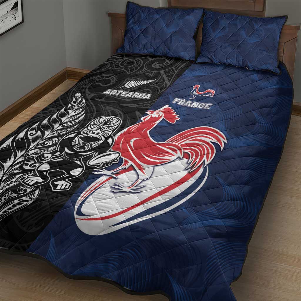 France And New Zealand Rugby Quilt Bed Set Les Bleus Rooster With Maori Tiki - Polynesian Pride