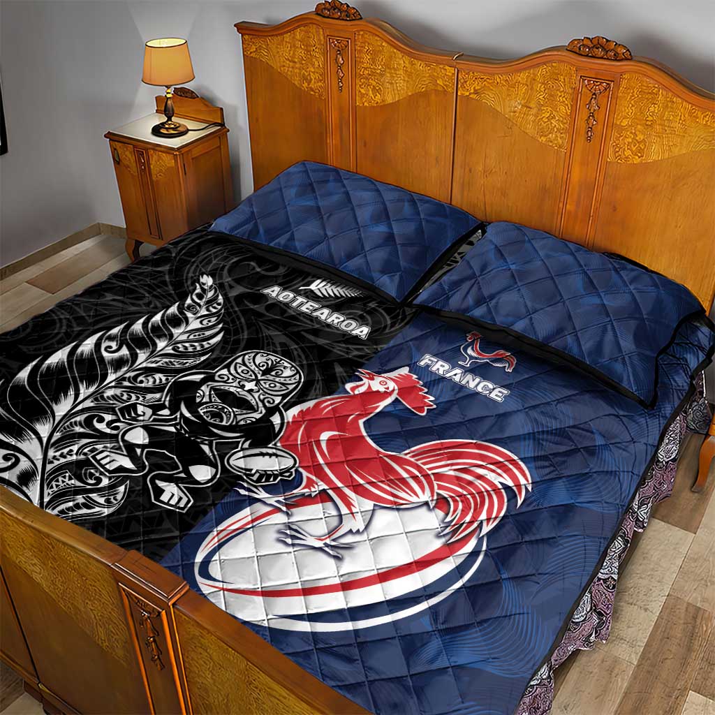 France And New Zealand Rugby Quilt Bed Set Les Bleus Rooster With Maori Tiki - Polynesian Pride