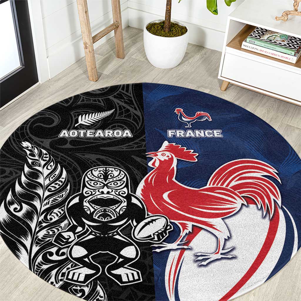 France And New Zealand Rugby Round Carpet Les Bleus Rooster With Maori Tiki - Polynesian Pride