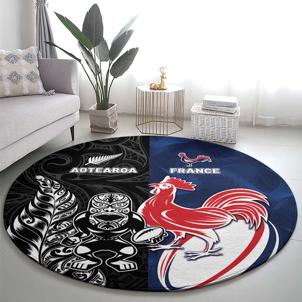 France And New Zealand Rugby Round Carpet Les Bleus Rooster With Maori Tiki - Polynesian Pride