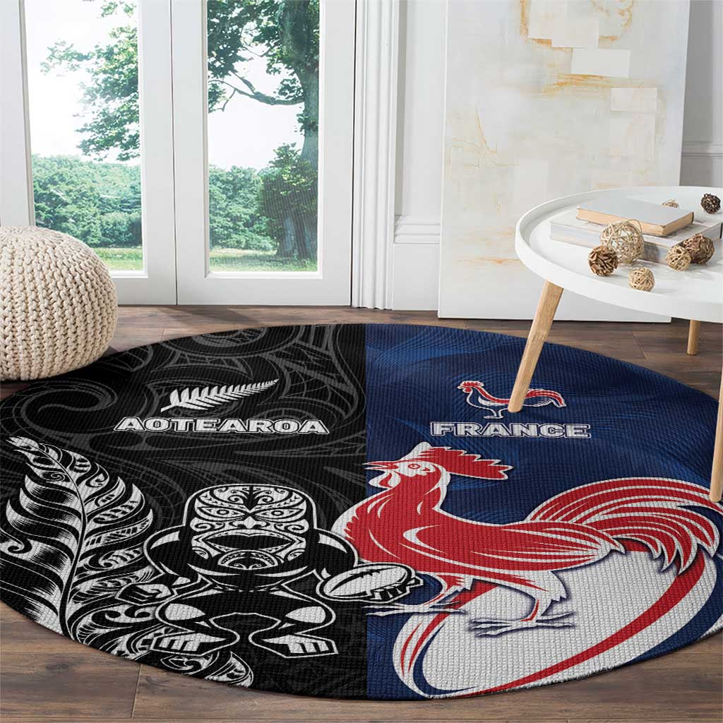 France And New Zealand Rugby Round Carpet Les Bleus Rooster With Maori Tiki - Polynesian Pride