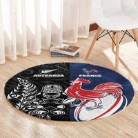 France And New Zealand Rugby Round Carpet Les Bleus Rooster With Maori Tiki - Polynesian Pride