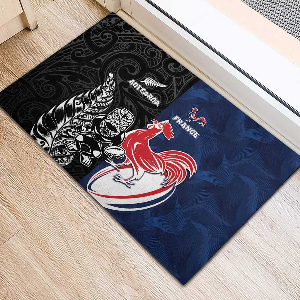 France And New Zealand Rugby Rubber Doormat Les Bleus Rooster With Maori Tiki - Polynesian Pride