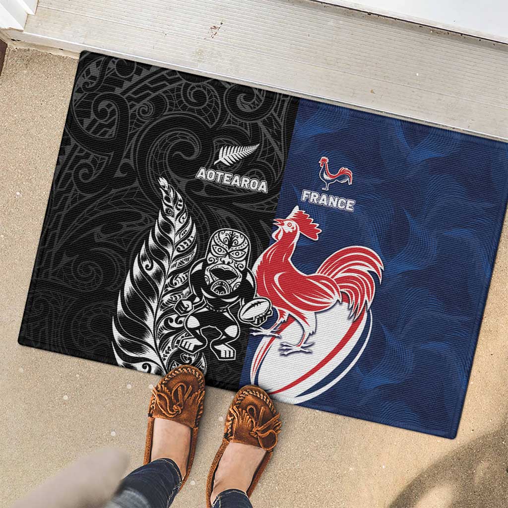 France And New Zealand Rugby Rubber Doormat Les Bleus Rooster With Maori Tiki - Polynesian Pride