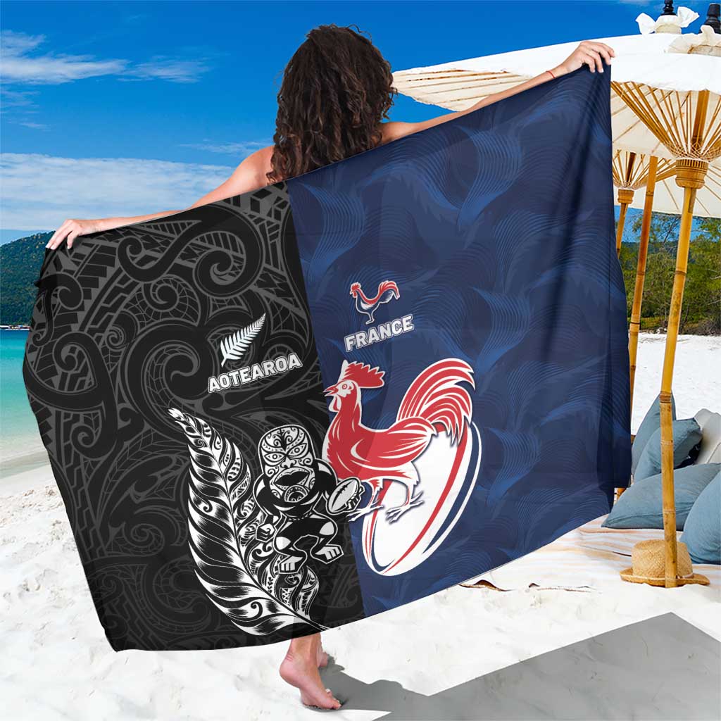 France And New Zealand Rugby Sarong Les Bleus Rooster With Maori Tiki - Polynesian Pride