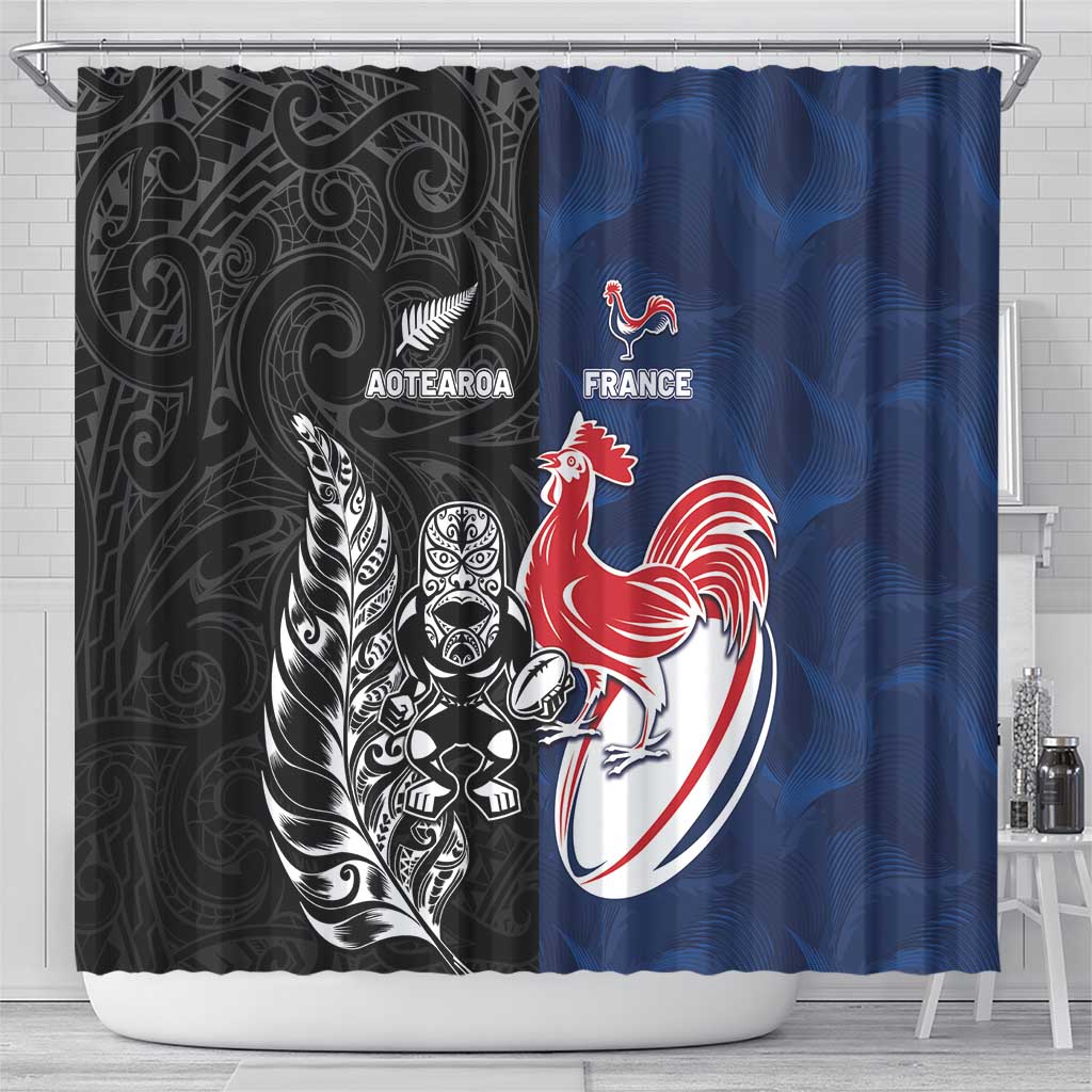 France And New Zealand Rugby Shower Curtain Les Bleus Rooster With Maori Tiki - Polynesian Pride