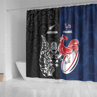 France And New Zealand Rugby Shower Curtain Les Bleus Rooster With Maori Tiki - Polynesian Pride