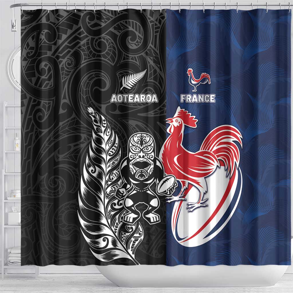 France And New Zealand Rugby Shower Curtain Les Bleus Rooster With Maori Tiki - Polynesian Pride