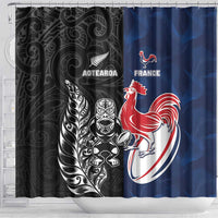 France And New Zealand Rugby Shower Curtain Les Bleus Rooster With Maori Tiki - Polynesian Pride