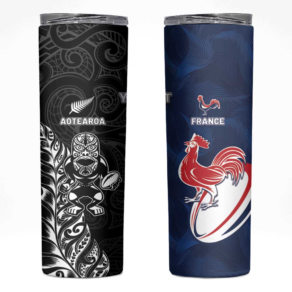 France And New Zealand Rugby Custom Skinny Tumbler Les Bleus Rooster With Maori Tiki - Polynesian Pride