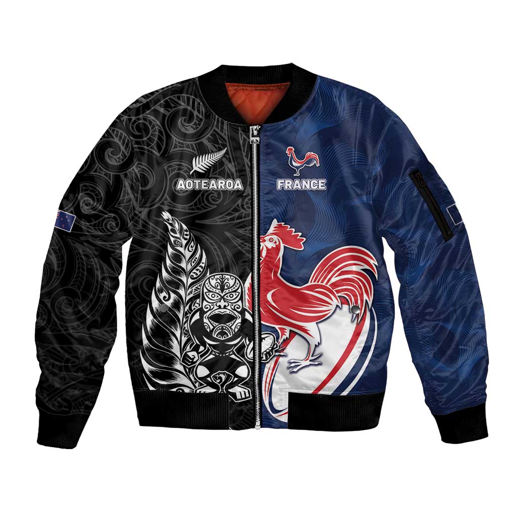 France And New Zealand Rugby Custom Sleeve Zip Bomber Jacket Les Bleus Rooster With Maori Tiki - Polynesian Pride