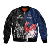 France And New Zealand Rugby Custom Sleeve Zip Bomber Jacket Les Bleus Rooster With Maori Tiki - Polynesian Pride