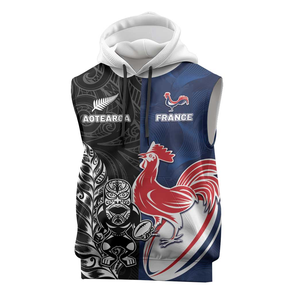 France And New Zealand Rugby Custom Sleeveless Hoodie Les Bleus Rooster With Maori Tiki - Polynesian Pride