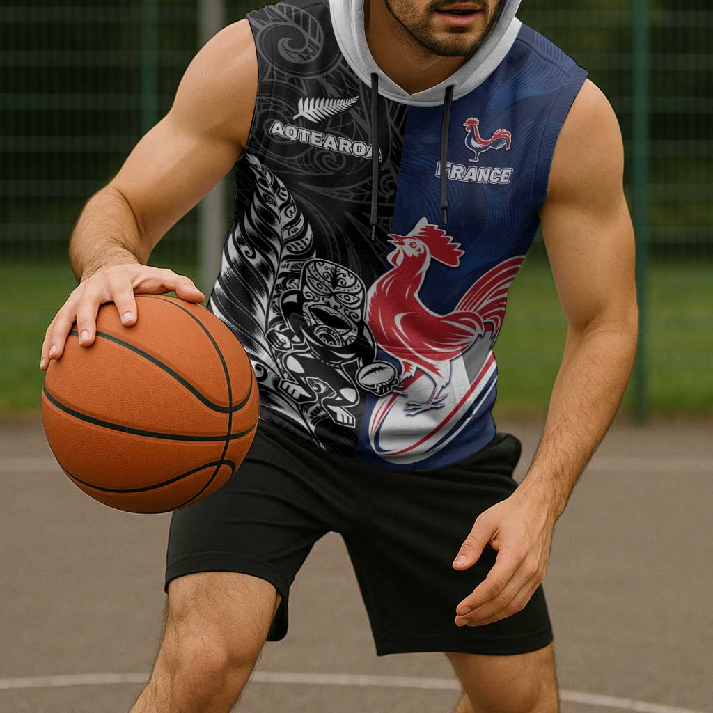 France And New Zealand Rugby Custom Sleeveless Hoodie Les Bleus Rooster With Maori Tiki - Polynesian Pride