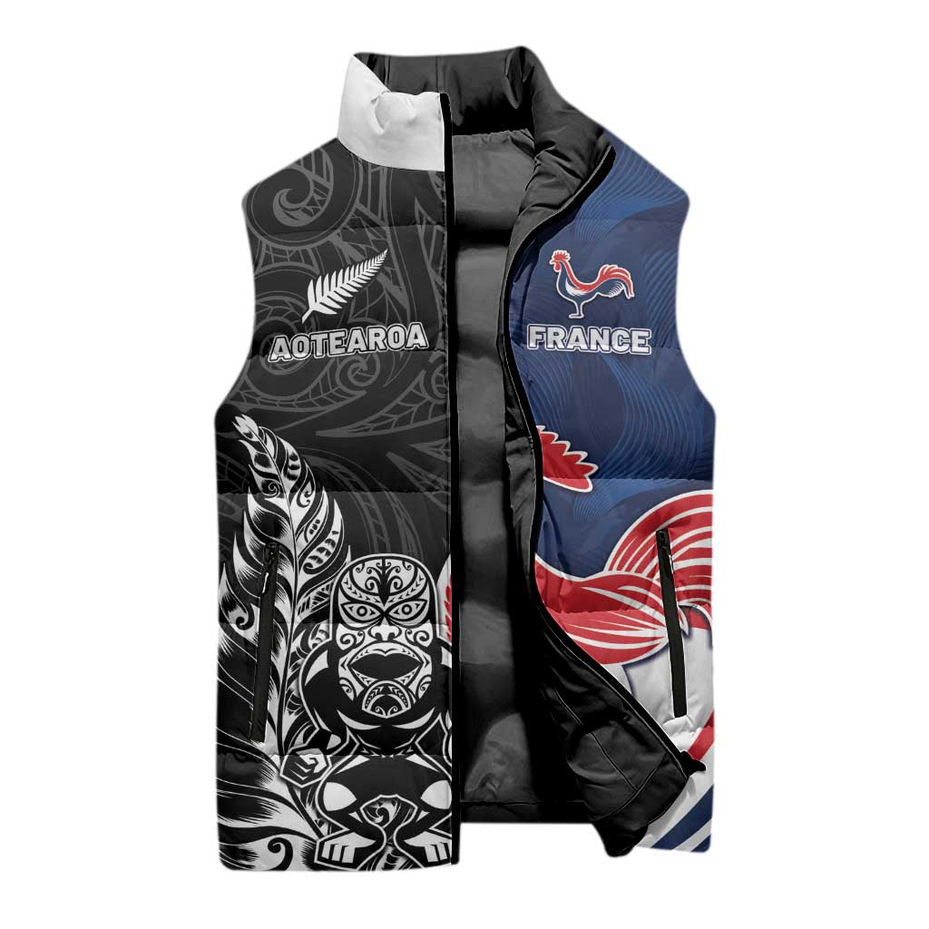 France And New Zealand Rugby Custom Sleeveless Puffer Jacket Les Bleus Rooster With Maori Tiki - Polynesian Pride
