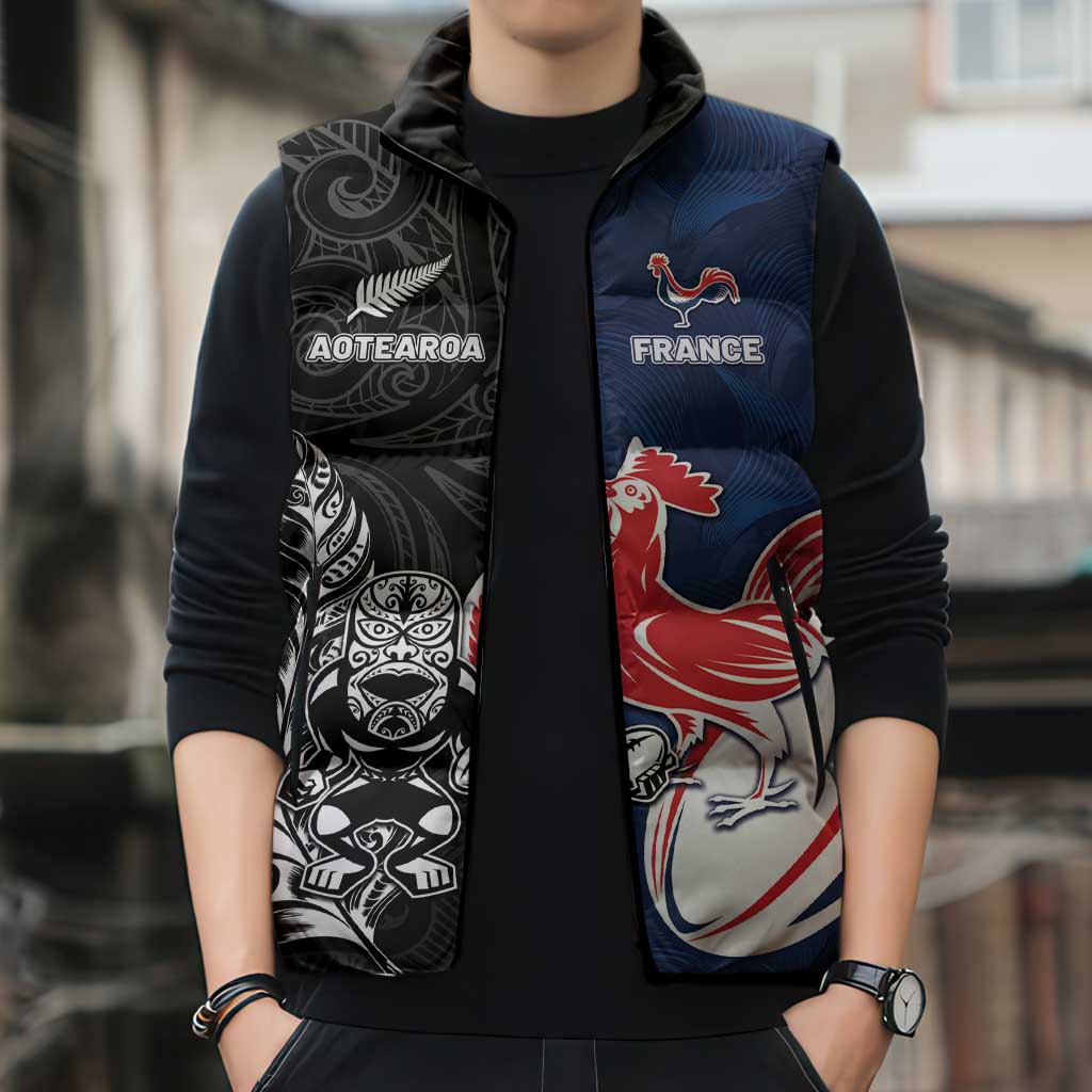France And New Zealand Rugby Custom Sleeveless Puffer Jacket Les Bleus Rooster With Maori Tiki - Polynesian Pride