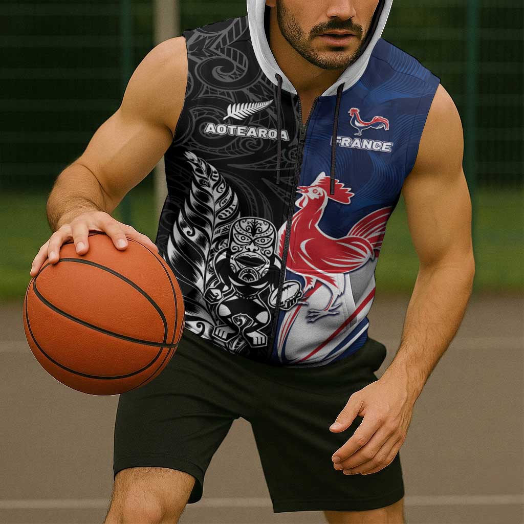 France And New Zealand Rugby Custom Sleeveless Zip Hoodie Les Bleus Rooster With Maori Tiki - Polynesian Pride