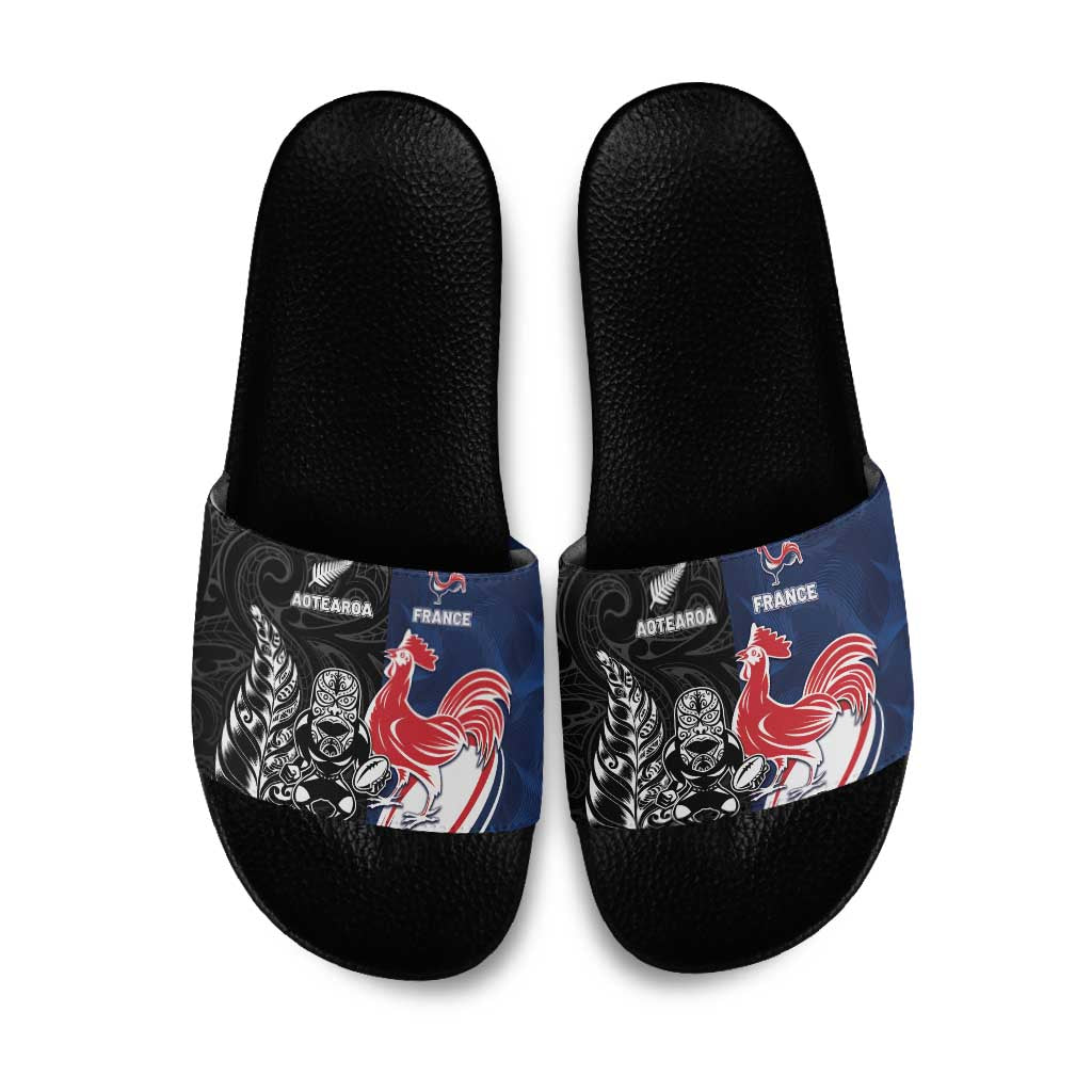 France And New Zealand Rugby Slide Sandals Les Bleus Rooster With Maori Tiki - Polynesian Pride